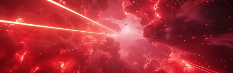 Wall Mural - The red laser beam penetrates through the dark red nebula, showing the power of red light cloud cosmic