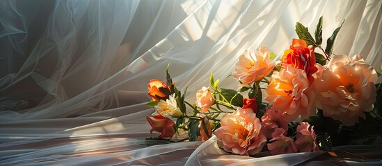 Poster - bouquet of artificial flowers on a plastic curtain backdrop. copy space image. place for adding text