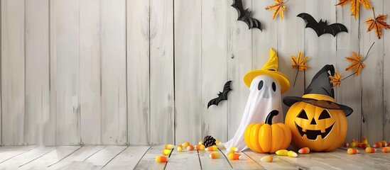 Wall Mural - White and yellow ghost pumpkins with witch hat on white wooden borad background with bat. halloween concept. Copy space image. Place for adding text or design