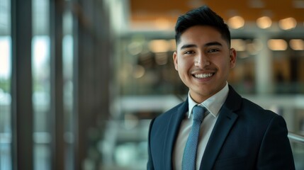 Wall Mural - In an office, a confident young Latino businessman standing on a desk, much like a foreman or an executive, smiling elegantly and confidently.