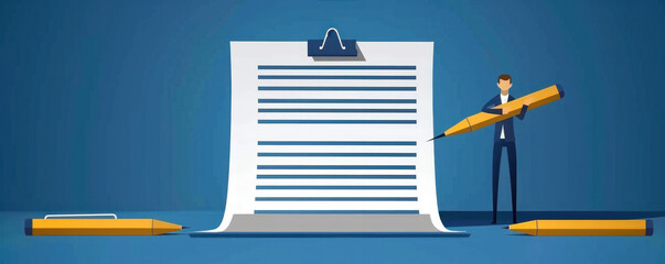 Poster - A man is writing on a piece of paper with a pencil. Concept of writing and the importance of putting thoughts and ideas into words. The man's posture and the act of writing suggest that he is focused