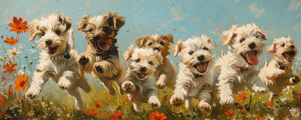 Canvas Print - A playful group of puppies frolicking in a field of wildflowers, their tails wagging with uncontainable joy.