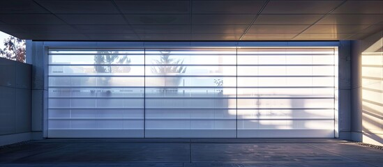 Poster - Automatic white shutters in the garage, private house. Copy space image. Place for adding text and design