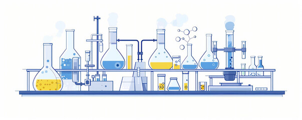 Poster - A drawing of a lab with many different types of glassware. Scene is scientific and focused