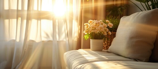 Poster - contemporary interior of Living room with part of sofa in sunny day and white curtain interior background concept. Copy space image. Place for adding text and design