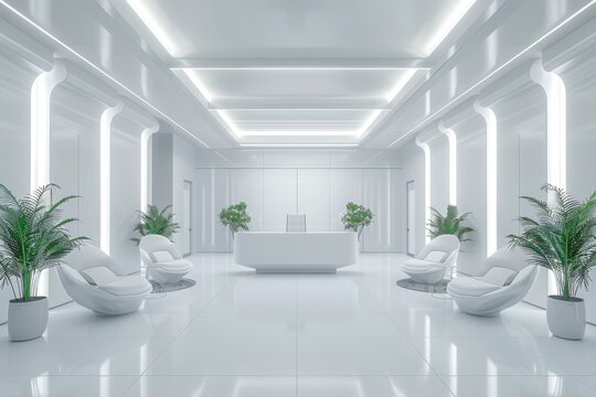 A large, open white room with a white counter and white furniture