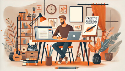 flat illustration man participating in online creative writing workshop