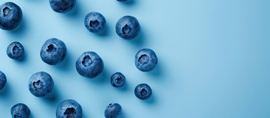 Wall Mural - Group of tasty fresh blueberry isolated on a pastel background. Copy space image. Place for adding text and design
