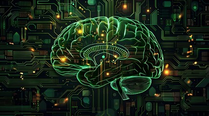 Poster - digital brain merging biological and technological elements futuristic neuroscience concept