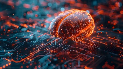 Poster - futuristic brain merging biological and technological elements digital abstract of artificial intell