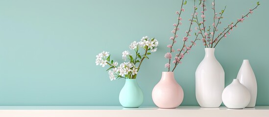 Wall Mural - Modern vases on shelf pastel background Vase  Modern. Copy space image. Place for adding text and design