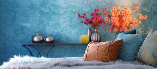 Poster - Fur on bed with sweet color pillows in background. Copy space image. Place for adding text and design