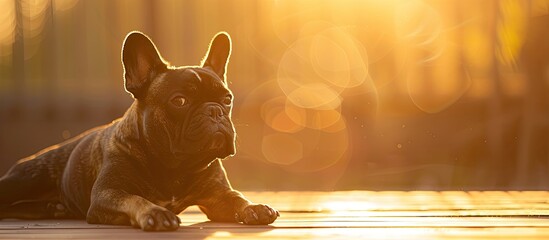 Wall Mural - silhouette picture of french bulldog lying on wooden floor sunset hour. pastel background. Copy space image. Place for adding text and design