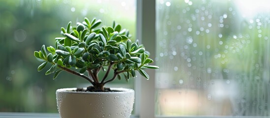 Wall Mural - Crassula ovata, known as lucky plant or money tree in a white pot in front of a window on a rainy day, selected focus, narrow depth of field. Copy space image. Place for adding text and design