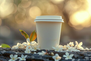 Poster - A white paper cup sits on a dead tree trunk,with cup lid