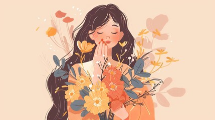 Wall Mural - colorful graphic female in love with bouquet, in the style of anime aesthetic, light orange, naturalist aesthetic