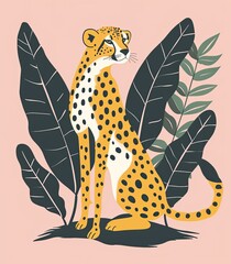 Wall Mural - Cute simple illustration of an elegant cheetah sitting on the ground with large green leaves