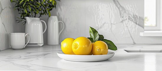 Poster - Kitchen set. White kitchen set. A plate with lemons is standing on the countertop. Bright white kitchen. Copy space image. Place for adding text and design