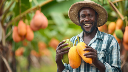 A smiling African American man holds a papaya in his hands. Harvest and gathering fruits concept.
