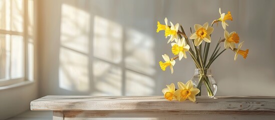 Canvas Print - Beautiful daffodils growing in vase on rustic wooden bench on background of modern room in sunlight. Bridal daffodil arrangement. Stylish farmhouse home decor. Copy space image