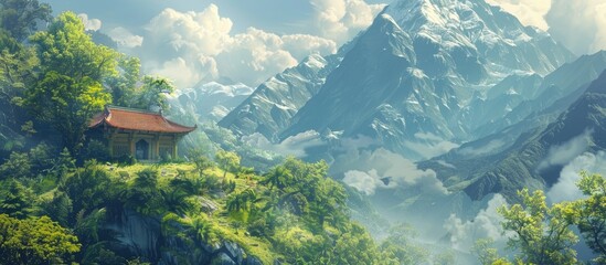 Wall Mural - House in the mountain. Temple. Copy space image. Place for adding text and design