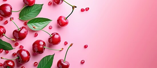 Poster - Delicious fresh sweet cherry fruits pastel background. Copy space image. Place for adding text and design