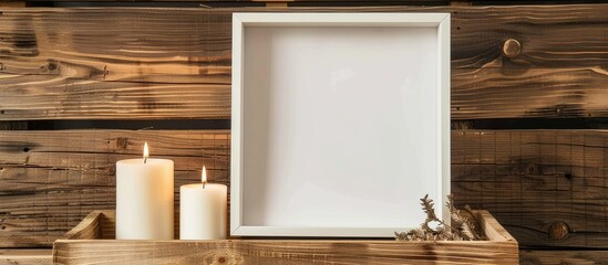 Wall Mural - white frame and candle on wooden box and wooden background. Copy space image. Place for adding text and design