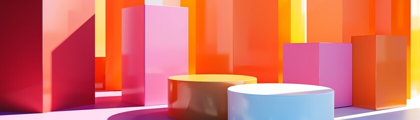 Colorful 3D abstract geometric shapes in various vibrant hues, design concept, minimalistic background for creative projects.