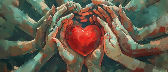 A collection of hands joining together to form a heart, symbolizing love, unity, and collaboration in a vibrant, artistic depiction.