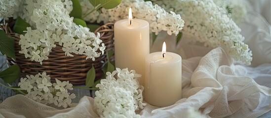 Poster - two candles and a basket of white lilacs, aesthetic photo. copy space image. place for adding text a