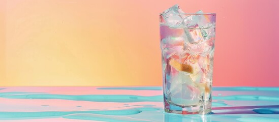 Poster - drink in a glass with ice on a pastel background  Food. Copy space image. Place for adding text and design