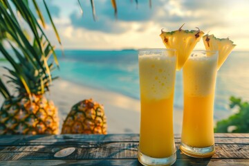 two tall glass glasses with pineapple juice with milk and pineapple portions on wooden table with tropical coast background. Front view.