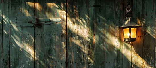 Wall Mural - Abstract photo of light and shadow contrast of the texture of a rustic house and a lamp inside. Copy space image. Place for adding text and design