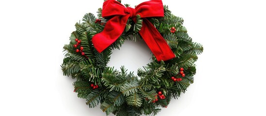 Wall Mural - christmas wreath, red ribbon bow, isolated on white background, clipping path. Copy space image. Place for adding text and design