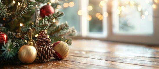 Poster - A handmade Christmas tree and baubles on the table in the room. Copy space image. Place for adding text and design