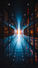 Poster - A long hallway with a bright light shining through a window. The light is reflected off the walls and floor, creating a sense of depth and movement. The hallway is empty