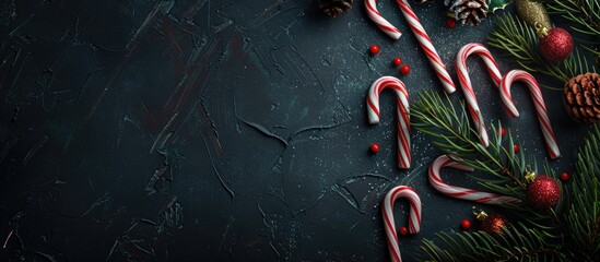 Poster - Christmas dark background with christmas decoration, christmas candy canes, fir branch, top view. Copy space image. Place for adding text or design
