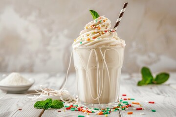 Wall Mural - Vanilla milkshake with cream decorated with branch vanilla, mint leavesand colored sugar noodles on white wooden table and light isolated background. Front view.