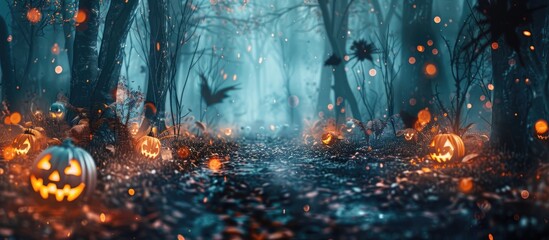Jack OvDj(tm) Lanterns In Spooky Forest With Ghost Lights - Halloween Background. Copy space image. Place for adding text or design