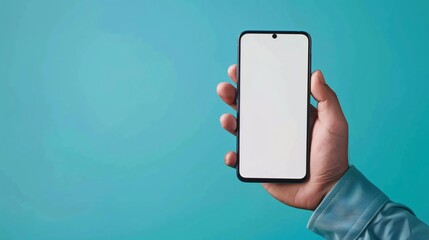 Wall Mural - A male hand holding a bezel-less smartphone with a blank screen, isolated against a blue background. The screen is cut out with a path.