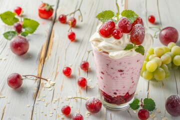 Sticker - White and red grape milk shake with cream decorated with fruit around and vine leaves on white wooden table and light isolated background. Front view.