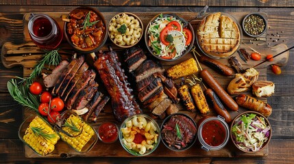 Wall Mural - BBQ Platter Extravaganza: A top-down view of a large BBQ platter featuring an assortment of grilled meats