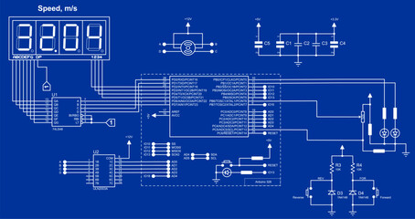 Wall Mural - Schematic diagram of electronic device with motor on arduino.
Vector drawing electrical circuit with button, resistor, microcontroller,
 lcd display and other electronic components.