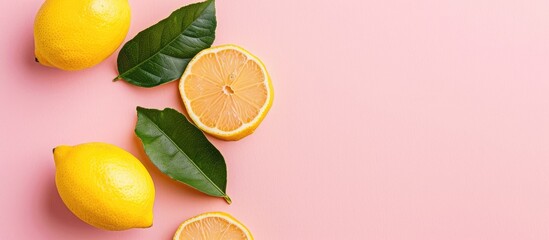 Wall Mural - lemon and slices with leaf Isolated on pastel background. Flat lay, top view. Copy space image. Place for adding text and design