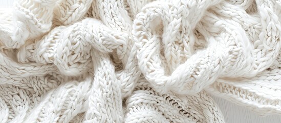 White natural texture of knitted wool textile material background. White crochet cotton fabric woven canvas texture. close up. Copy space image. Place for adding text or design