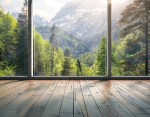 Wall Mural - Montage photo of a wooden tabletop with a white window and framed view of the mountain landscape and leaves