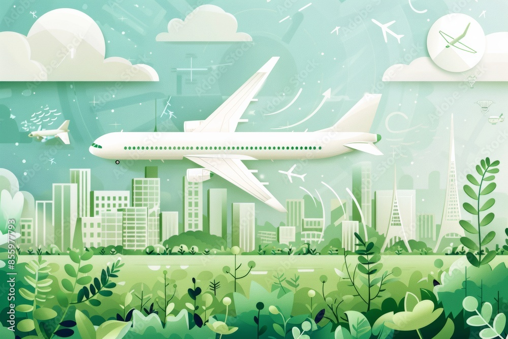 airplane over modern city. future of sustainable aviation flat ...
