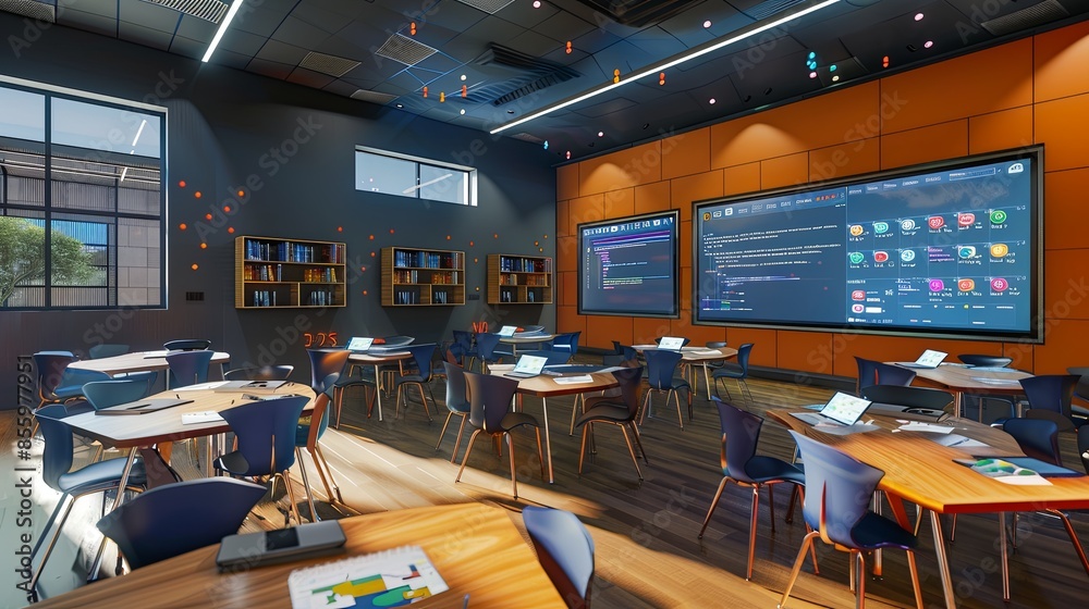 A contemporary classroom featuring interactive panels and AI assistants ...