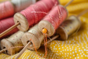 Spools of natural dyed yarn woven by hand in a basket