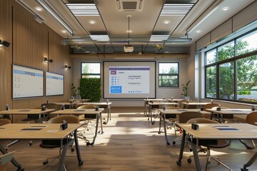 Fototapete - A contemporary classroom or study space equipped with interactive panels and AI assistants, enhancing the learning experience for students. Generative AI